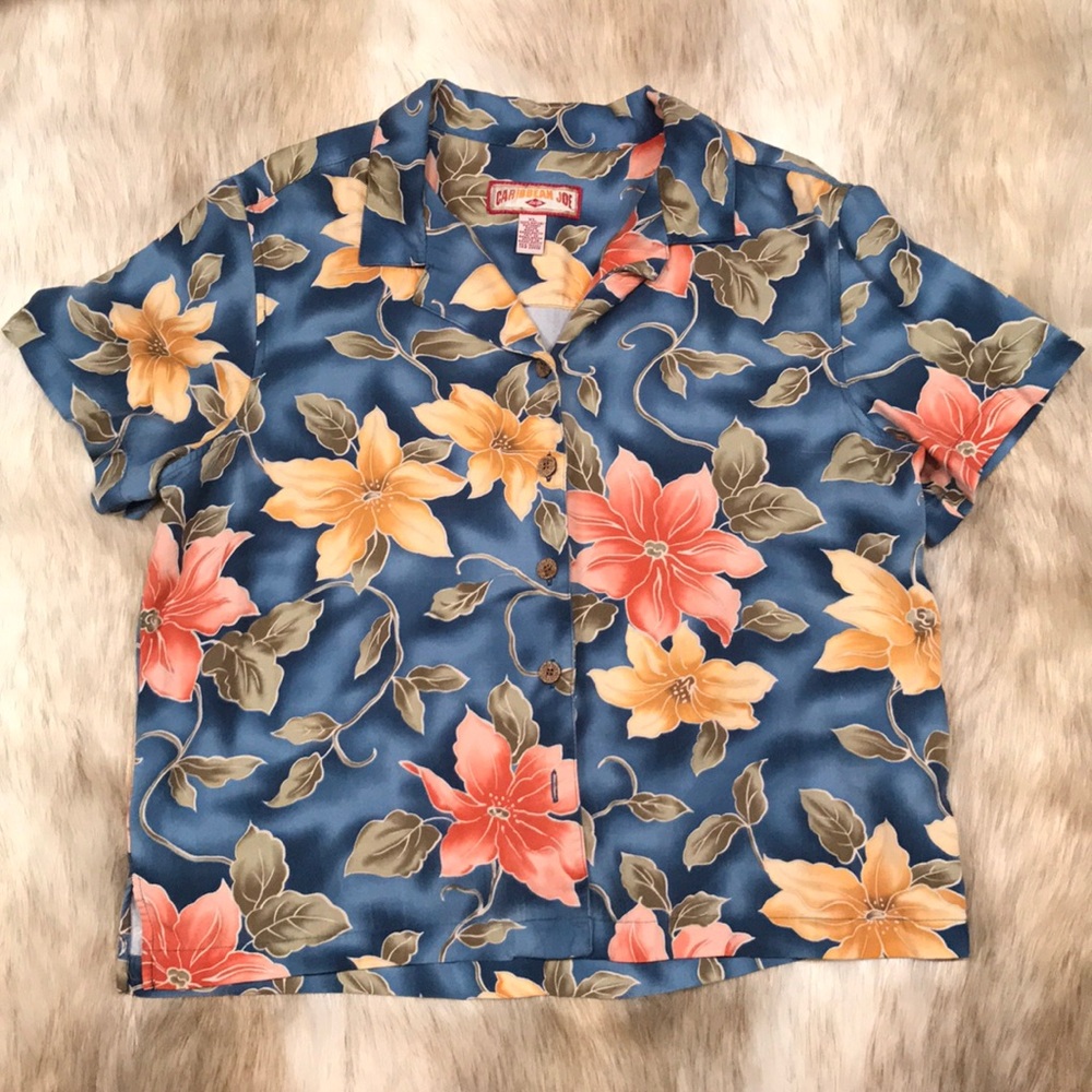 Caribbean Joe Floral Tropical Shirt XL Blue